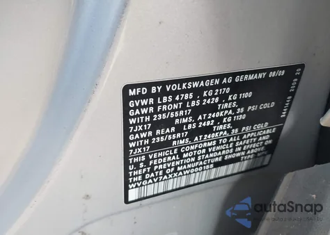 2010 Volkswagen Tiguan Se из США, поврежденный, VIN WVGAV7AXXAW000155